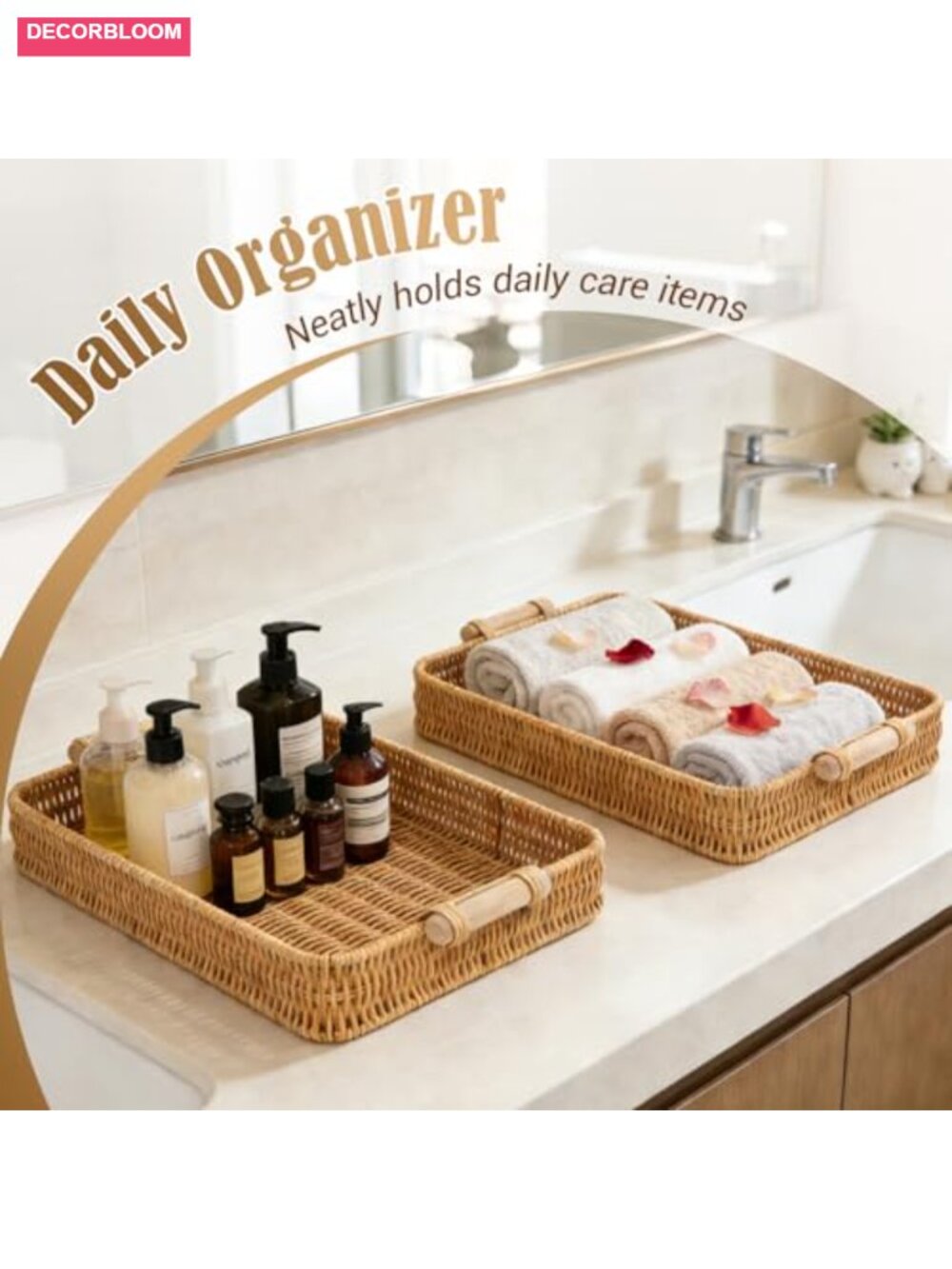 2-Pack Large Rectangular Faux Rattan Serving Tray with Wooden Handles, Woven - Picture 4 of 6